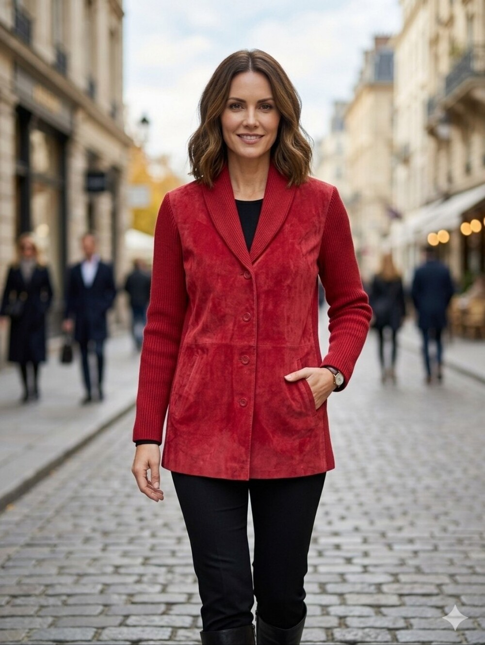 Linea by Louis Dell'Olio Red Suede Knit Ribbed Shawl Collar Jacket Coat S